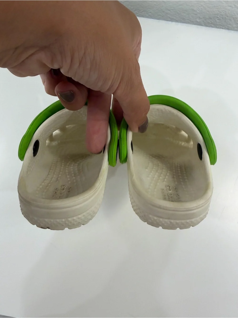 CROCS White Kids Clogs with Bright Green Monster Accents
